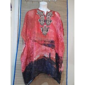 Soft Surroundings Womens Floral Boho Embroidered Kimono Sleeve Caftan Dress S/M